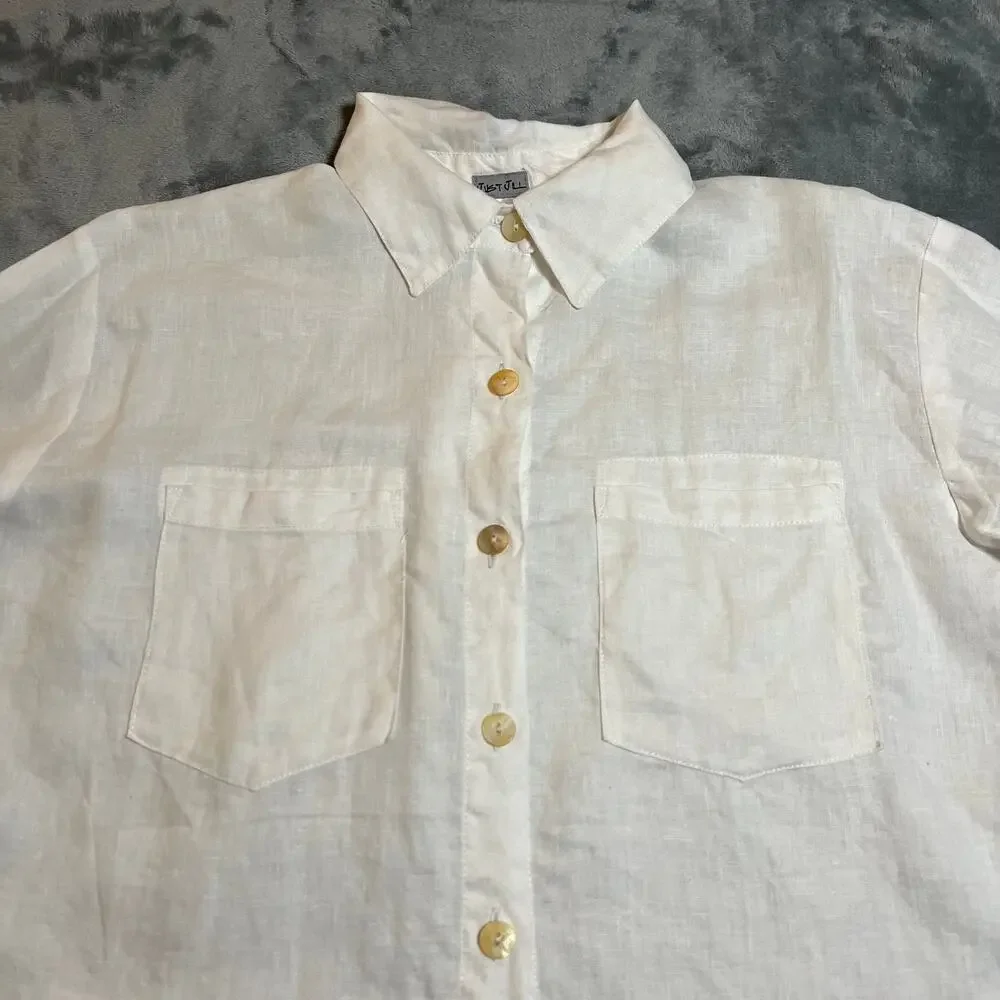 Just Jill 100% Linen Button Up Shirt Size S Roll Tab Sleeve Coastal Beach Casual - Picture 5 of 9